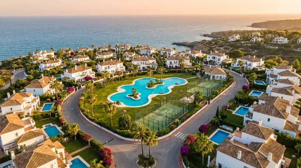 Vista aérea de una urbanización de lujo con piscina y jardines en la costa de España